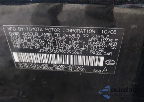 2009 Lexus Es 350 from USA, damaged, VIN JTHBJ46G792295664